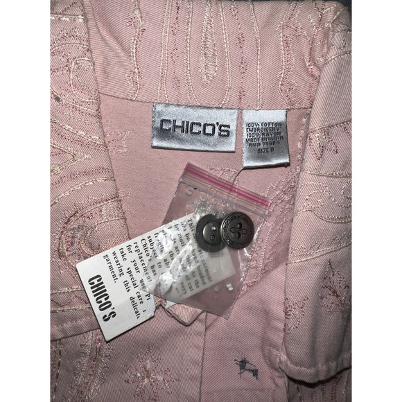 CHICO'S Size S (0) Pink Cotton Beaded Embroidery Button Front LS Jean Jacket - Picture 10 of 11